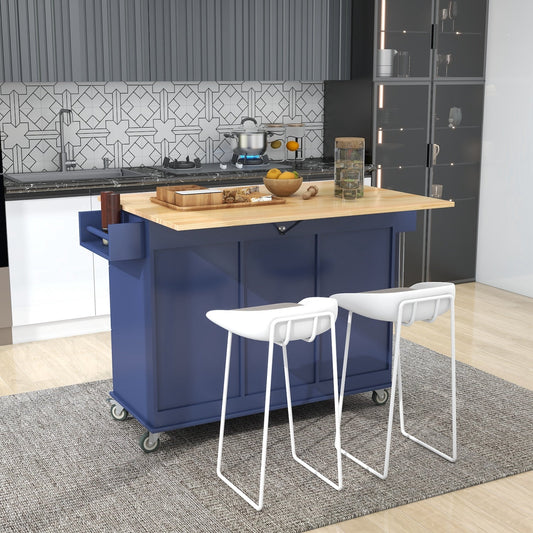 K&K Mobile Kitchen Island Cart with Solid Wood Top- Dark Blue