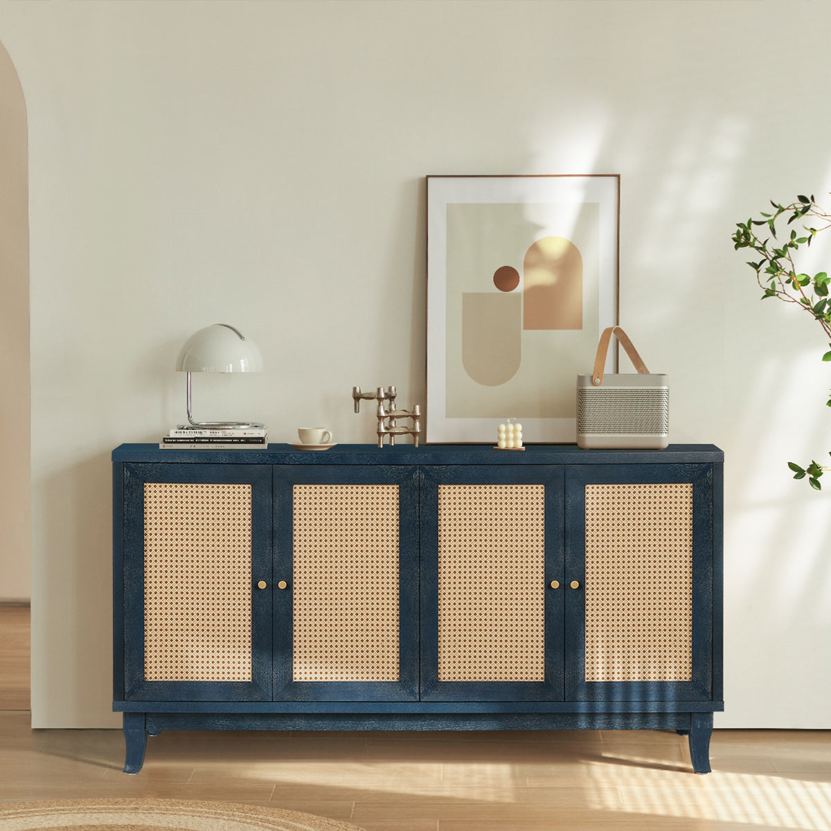 Zrun Accent Cabinet with Rattan Door Fronts - Antique Blue