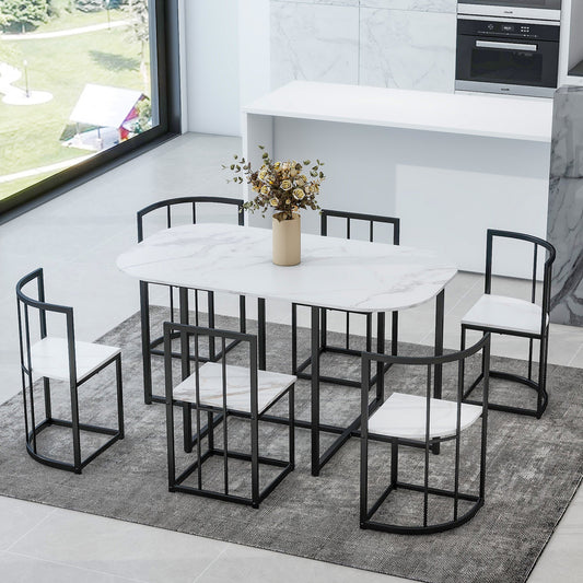 TOPMAX Modern 7-Piece Dining Table Set with Faux Marble Top - Black & White