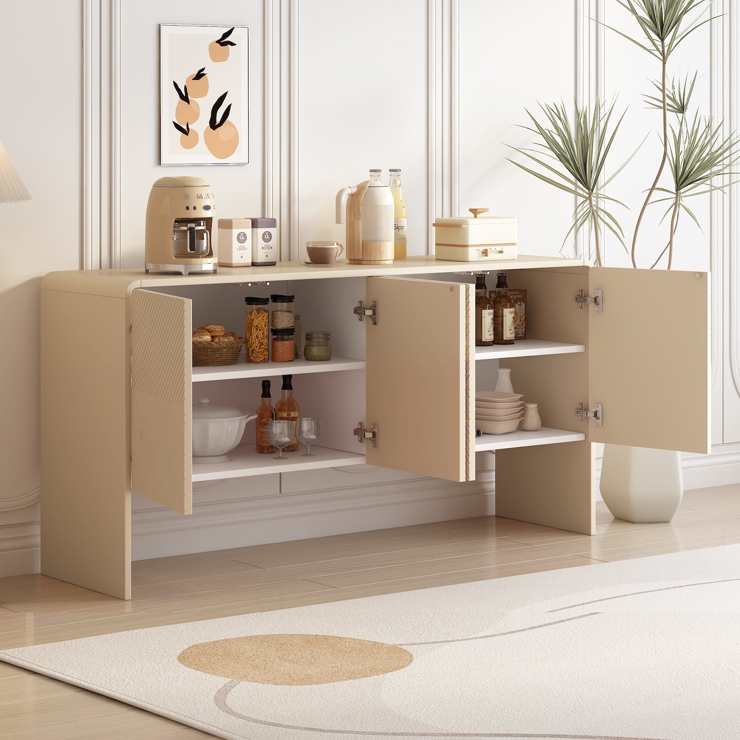 Trexm Modern Minimalist 60" 4-Door Sideboard - Apricot Cream