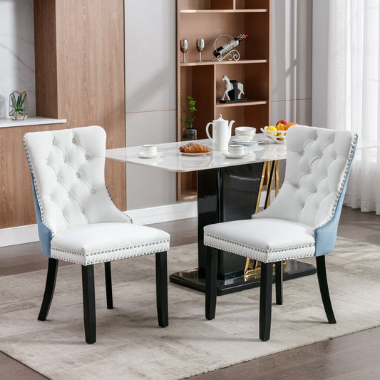 Nikki Modern PU Leather & Velvet Dining Chair Set of 2 - Blue & White