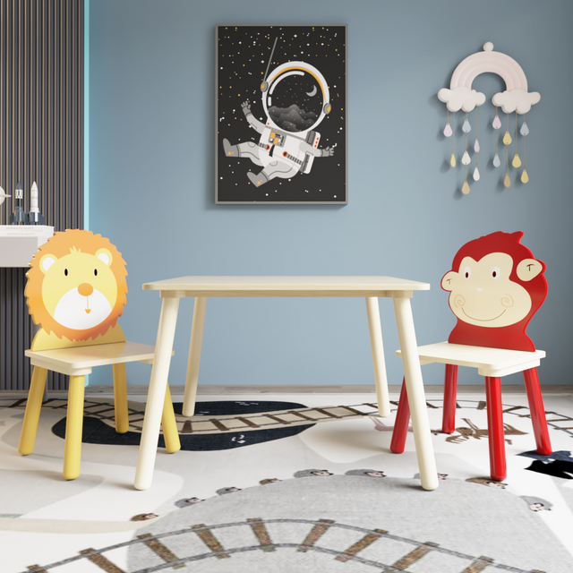 Moonriver Kids Wood Table with 2 Chairs Set Cartoon Animals