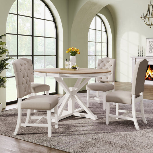 Trexm Transitional 5-Piece Dining Set - Oak & Off-White