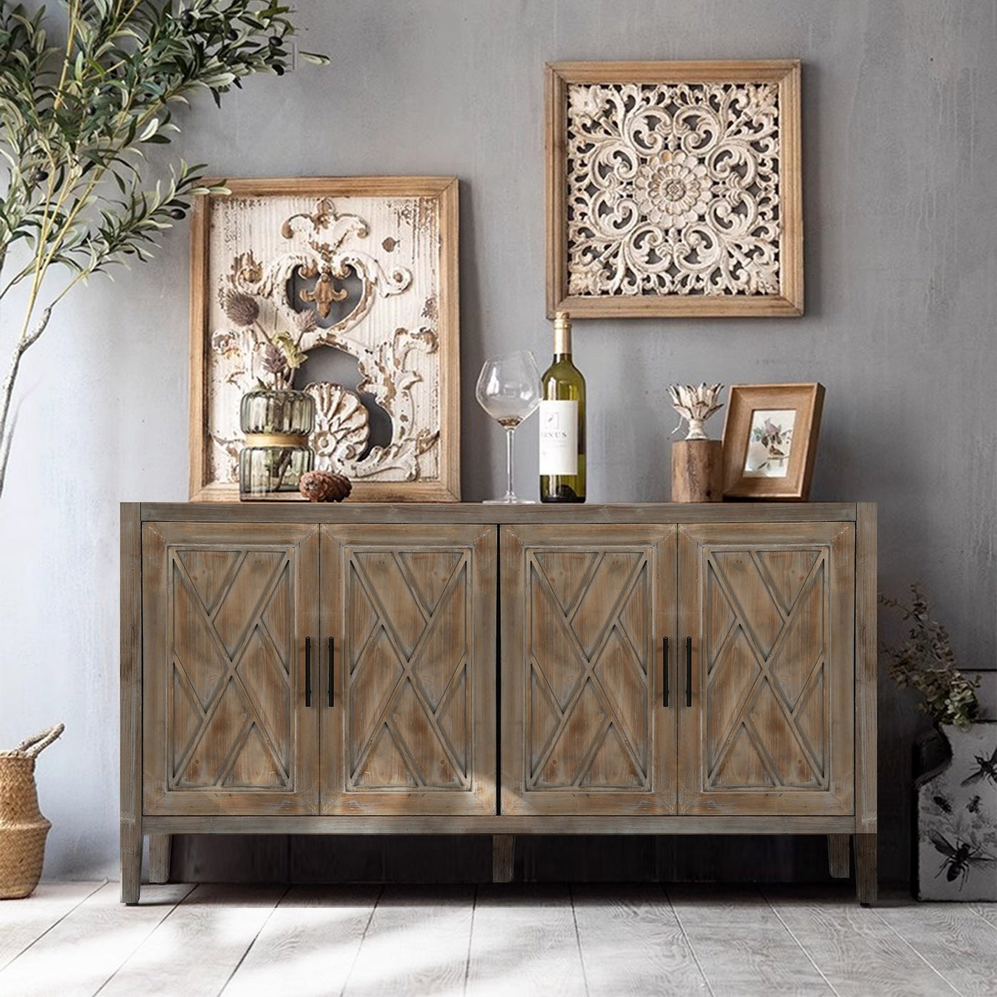 Zrun 4-Door Wooden Twill Sideboard - Brown