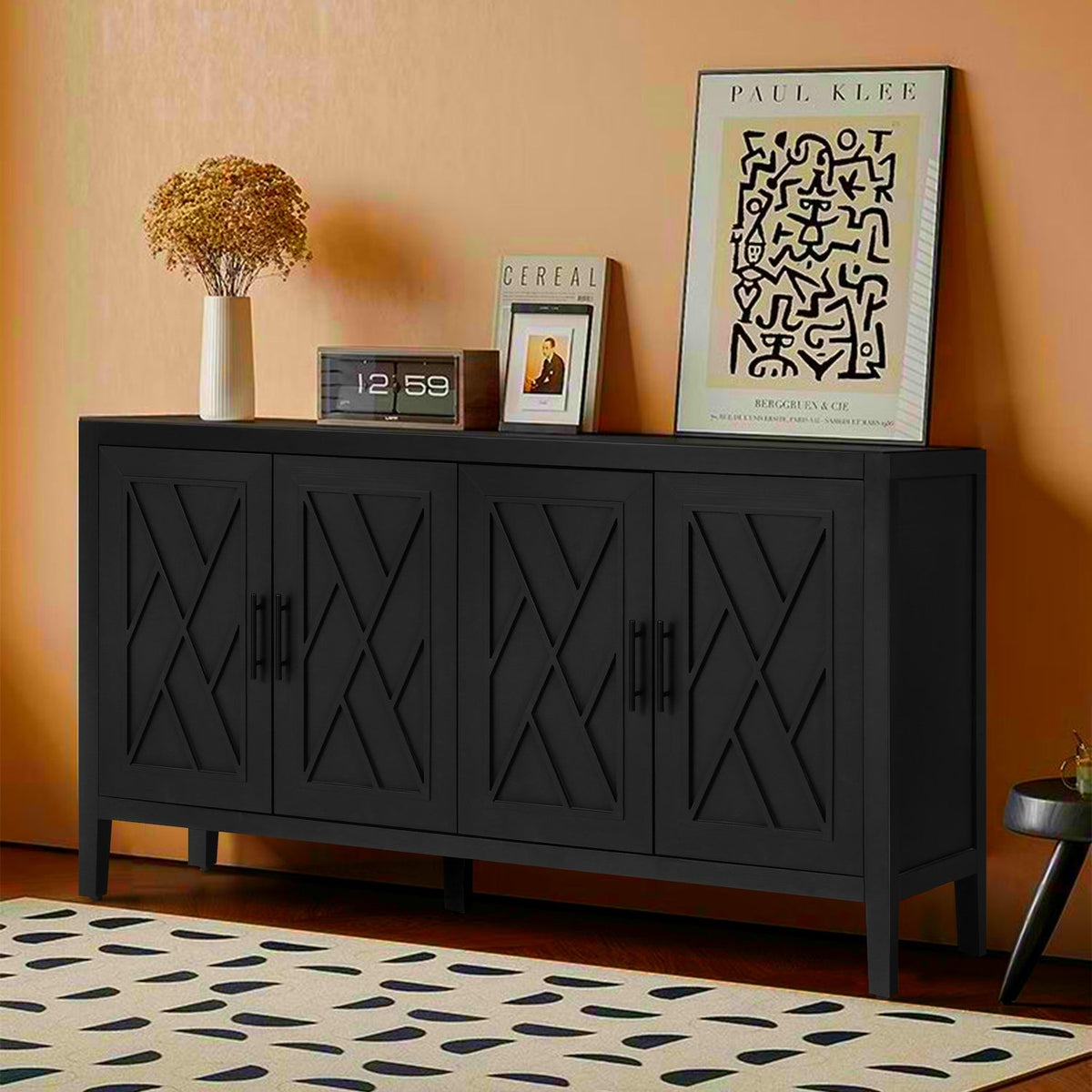 Zrun 4-Door Wooden Twill Sideboard - Black & Dark Walnut