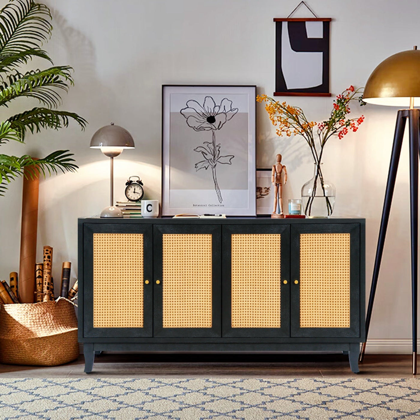 Zrun Accent Cabinet with Rattan Door Fronts - Antique Black