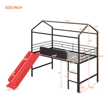 Metal House Bed With Slide, Twin Size Metal Loft Bed with Two-sided writable Wooden Board Black and Red