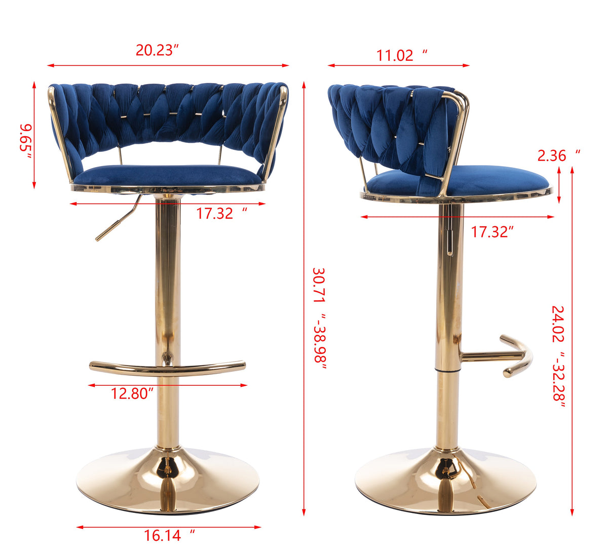 Modern Adjustable Height Velvet Bar Stools with Gold Base Set of 2