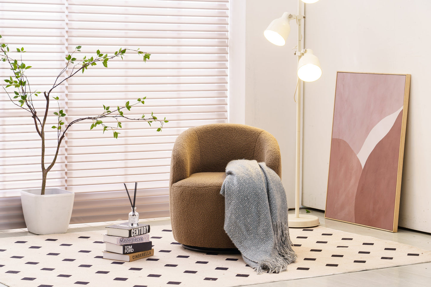 Chocolate Teddy Fabric Swivel Barrel Chair