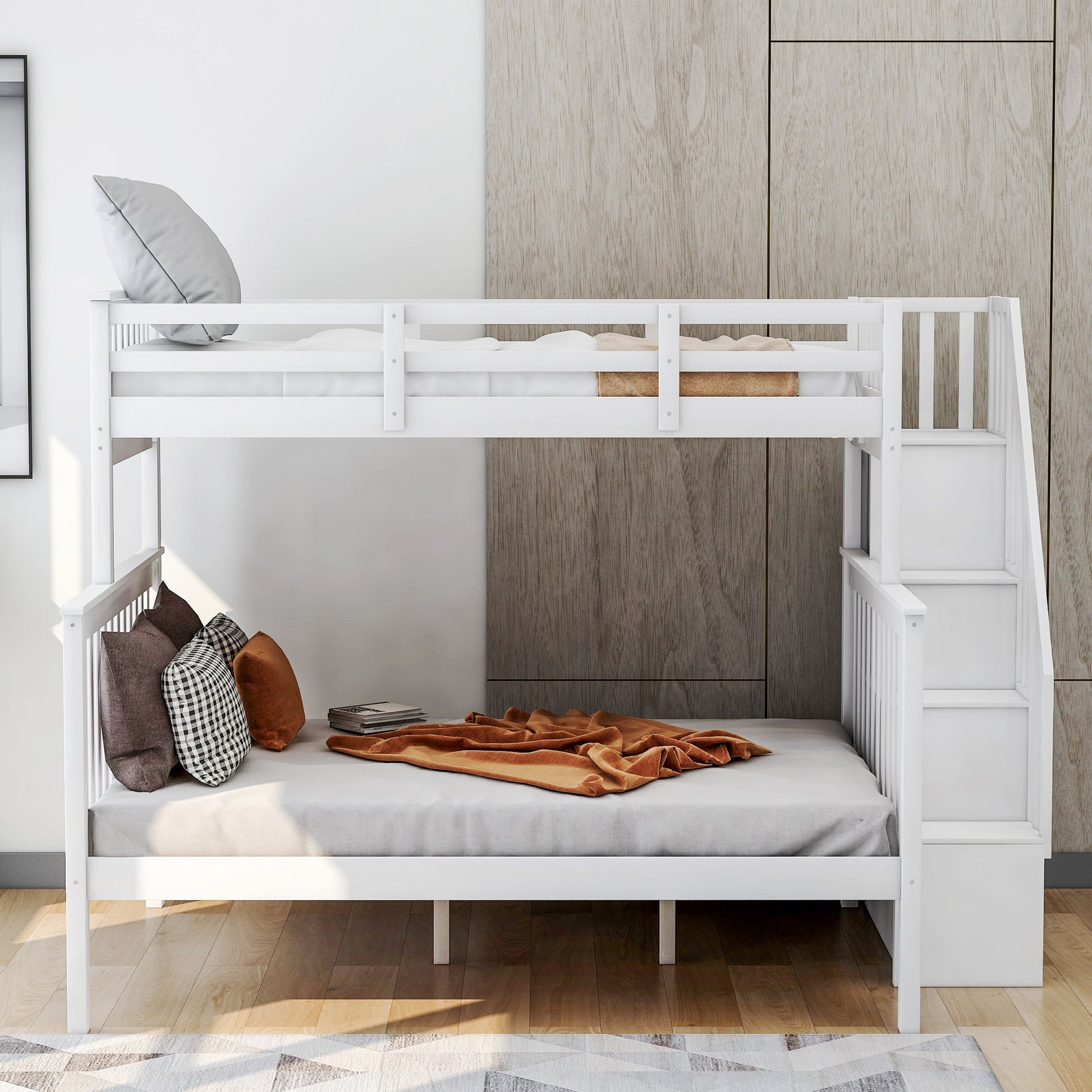 Twin-Over-Full Bunk Bed with Storage Stairway in White