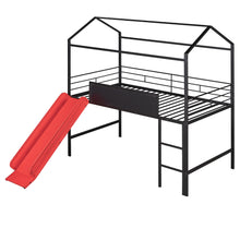 Metal House Bed With Slide, Twin Size Metal Loft Bed with Two-sided writable Wooden Board Black and Red