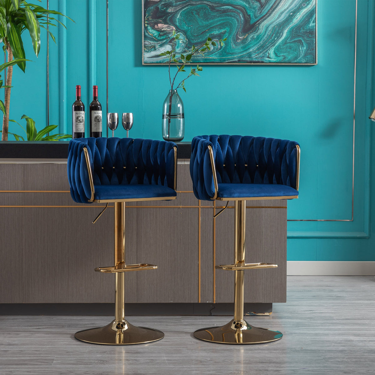 Modern Navy Velvet Adjustable Height Bar Stool Set of 2
