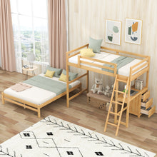 Twin over Full Bunk Bed with Built-in Desk and Three Drawers,Natural