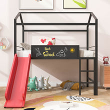 Metal House Bed With Slide, Twin Size Metal Loft Bed with Two-sided writable Wooden Board Black and Red