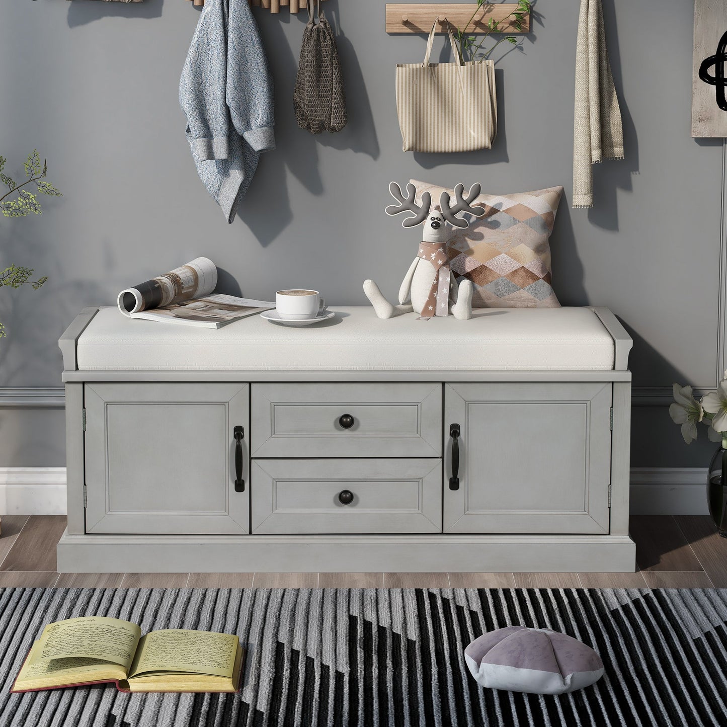TREXM Storage Bench with 2 Drawers and 2 Cabinets - Gray Wash