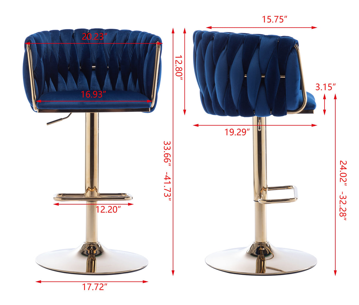 Modern Navy Velvet Adjustable Height Bar Stool Set of 2