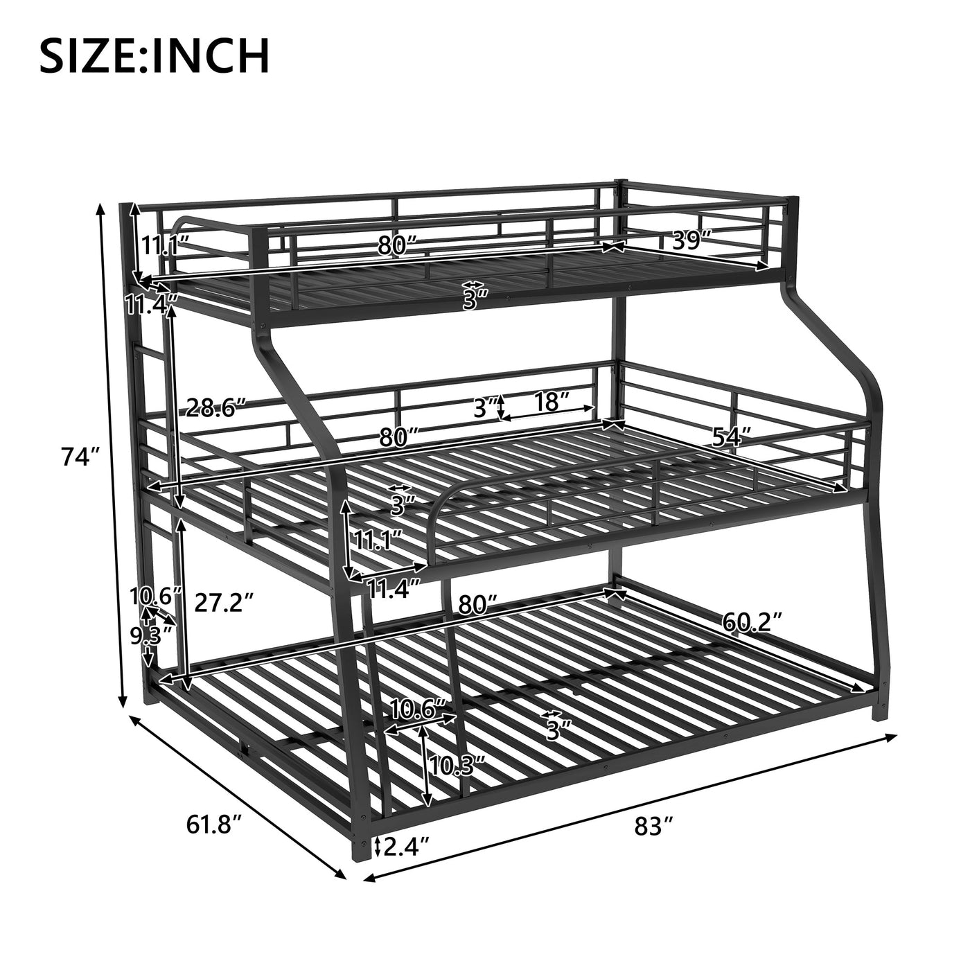 Twin XL/Full XL/Queen Triple Bunk Bed with Long and Short Ladder and Full-Length Guardrails,Black