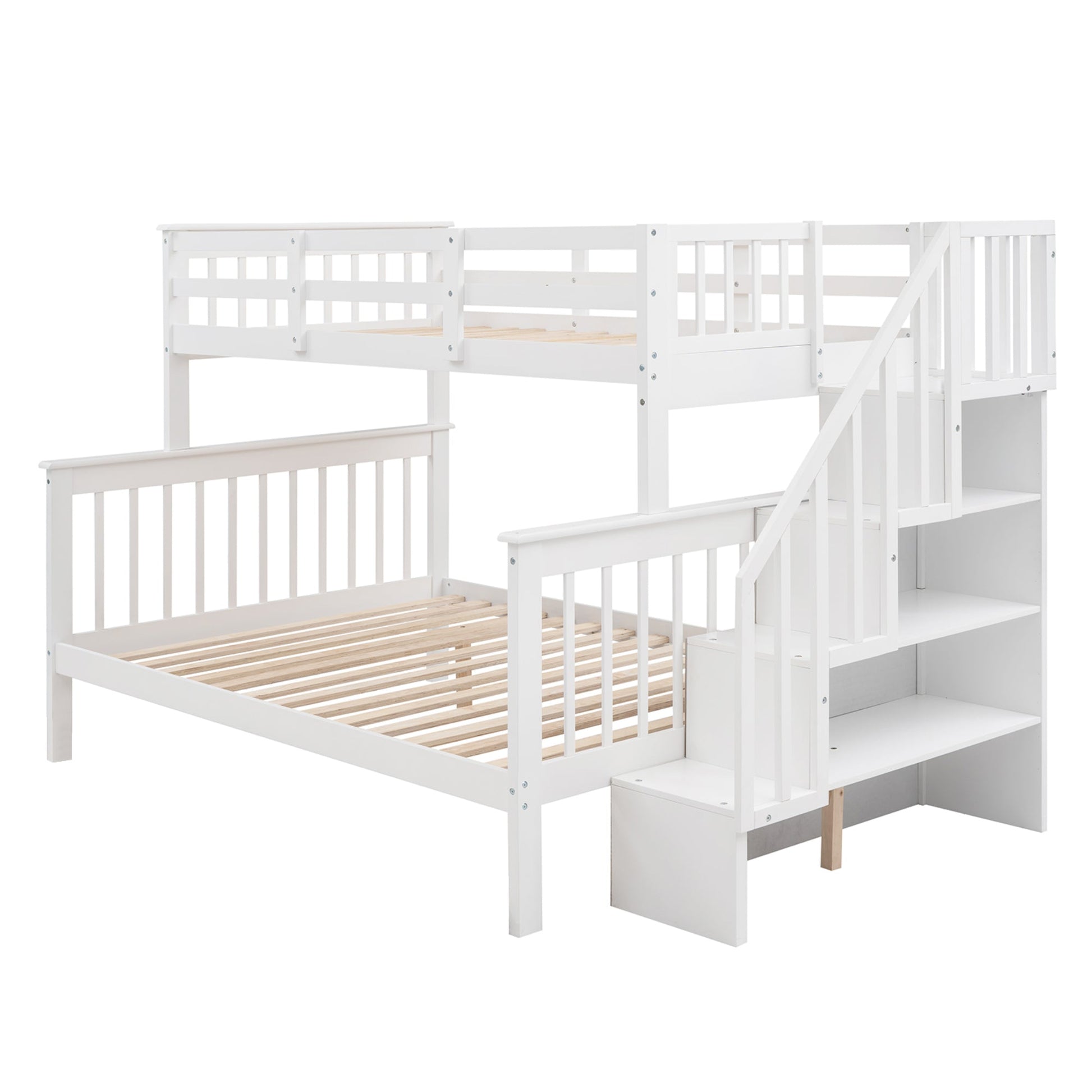 Twin-Over-Full Bunk Bed with Storage Stairway in White