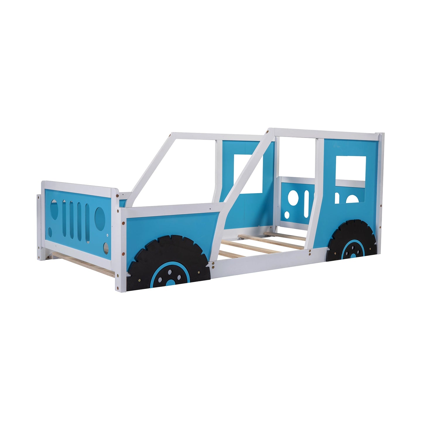 Twin Size Classic Car-Shaped Platform Bed with Wheels,Blue