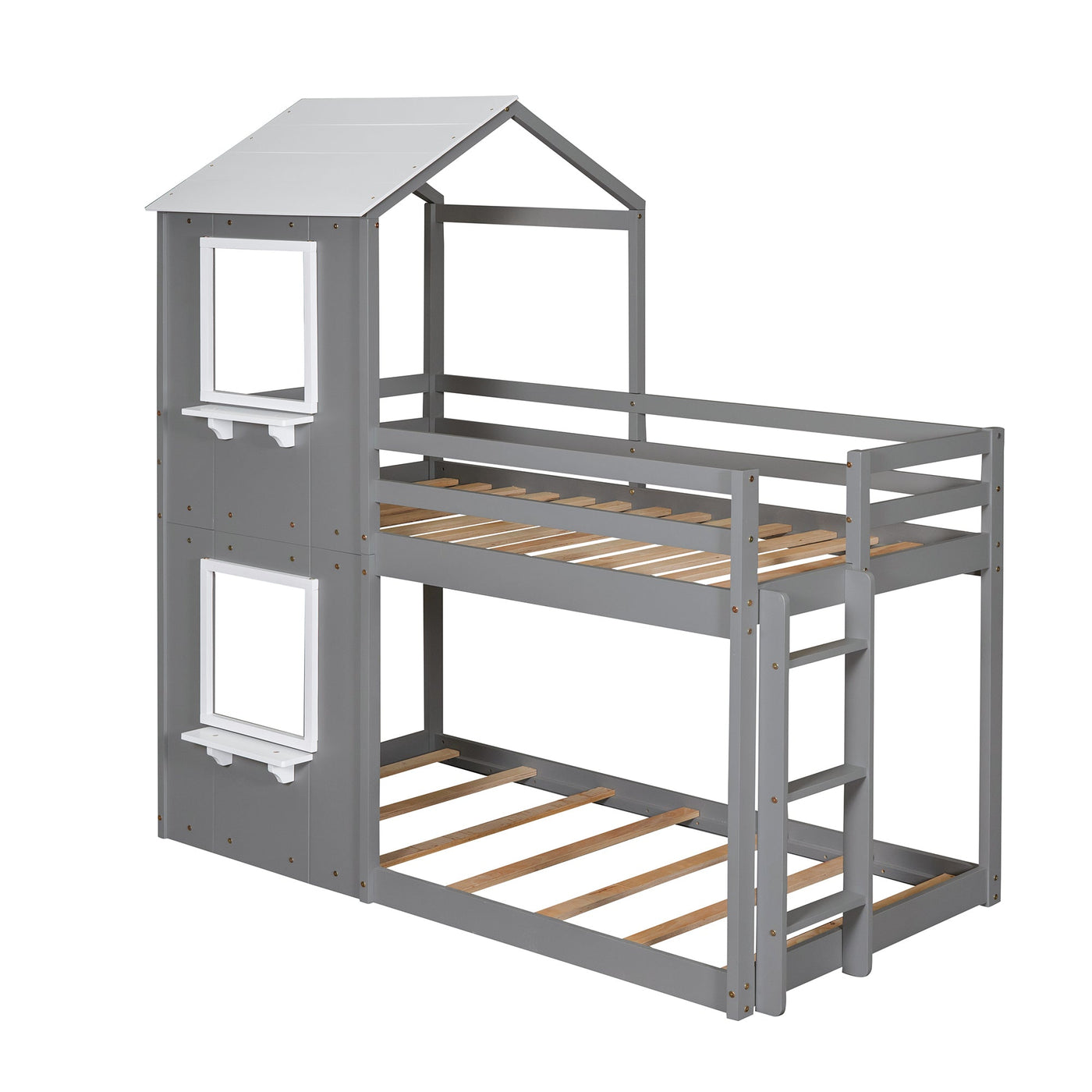 Twin Over Twin Bunk Bed Wood Bed with Roof, Window, Guardrail, Ladder Gray & White