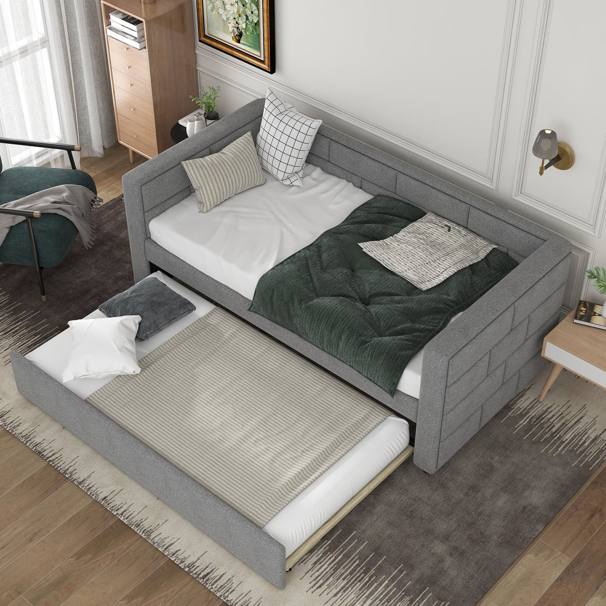 Twin Size Daybed with Trundle in Cube Tufted Gray Upholstery