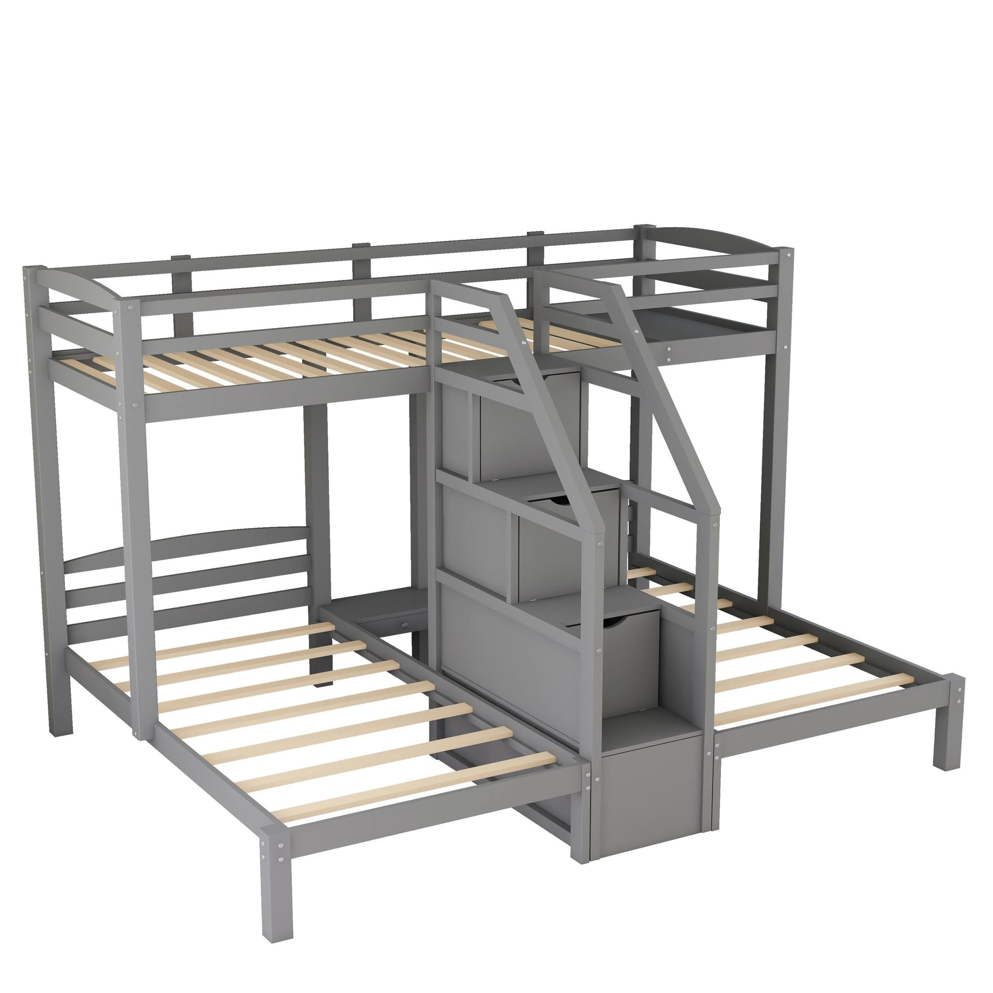 Twin over Twin & Twin Bunk Bed with Built-in Staircase and Storage in Gray
