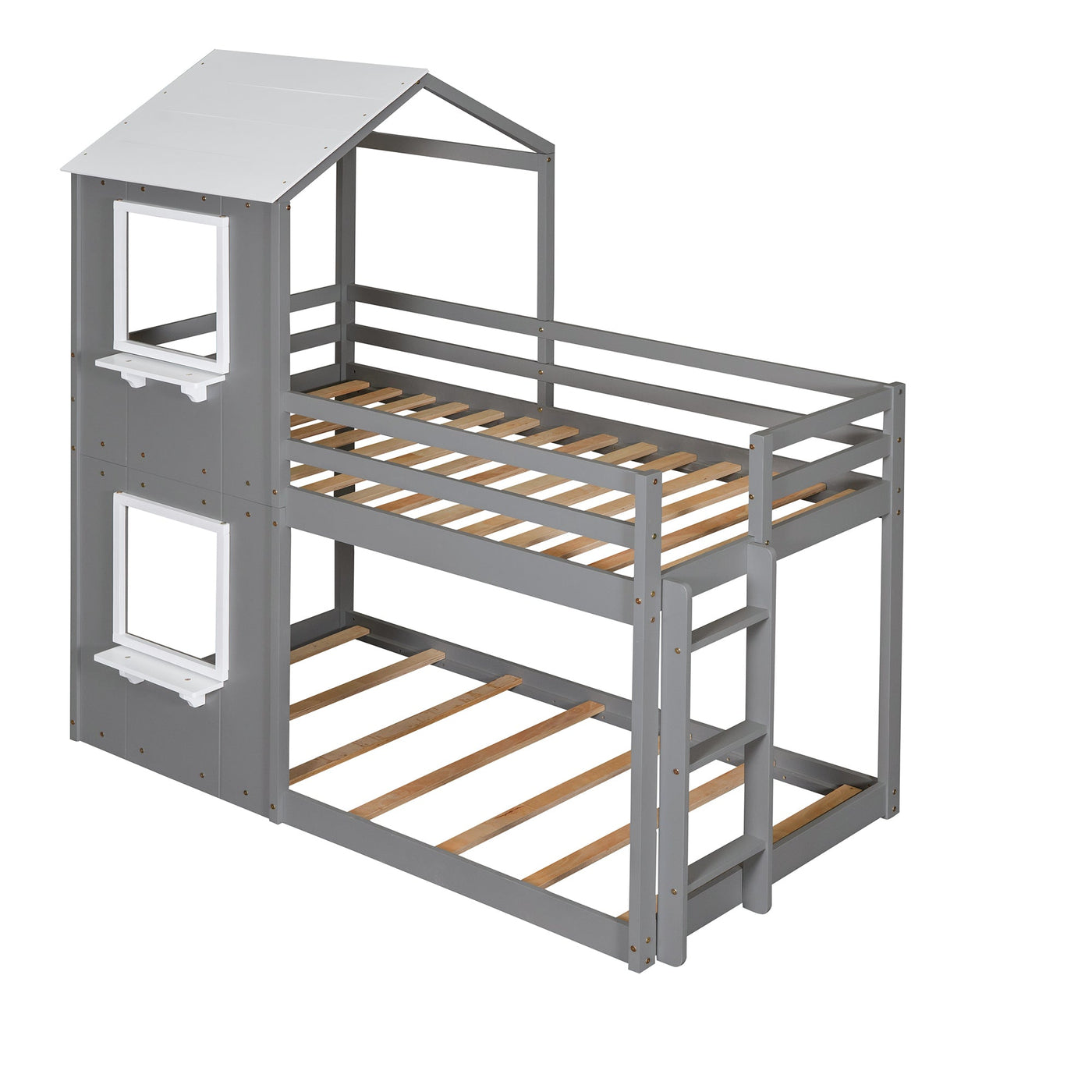 Twin Over Twin Bunk Bed Wood Bed with Roof, Window, Guardrail, Ladder Gray & White