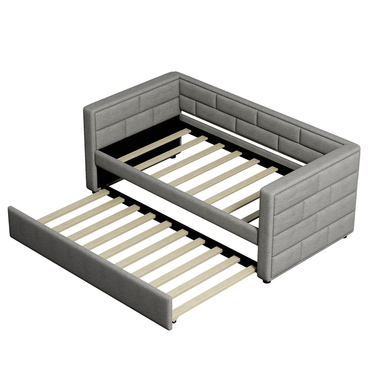 Twin Size Daybed with Trundle in Cube Tufted Gray Upholstery