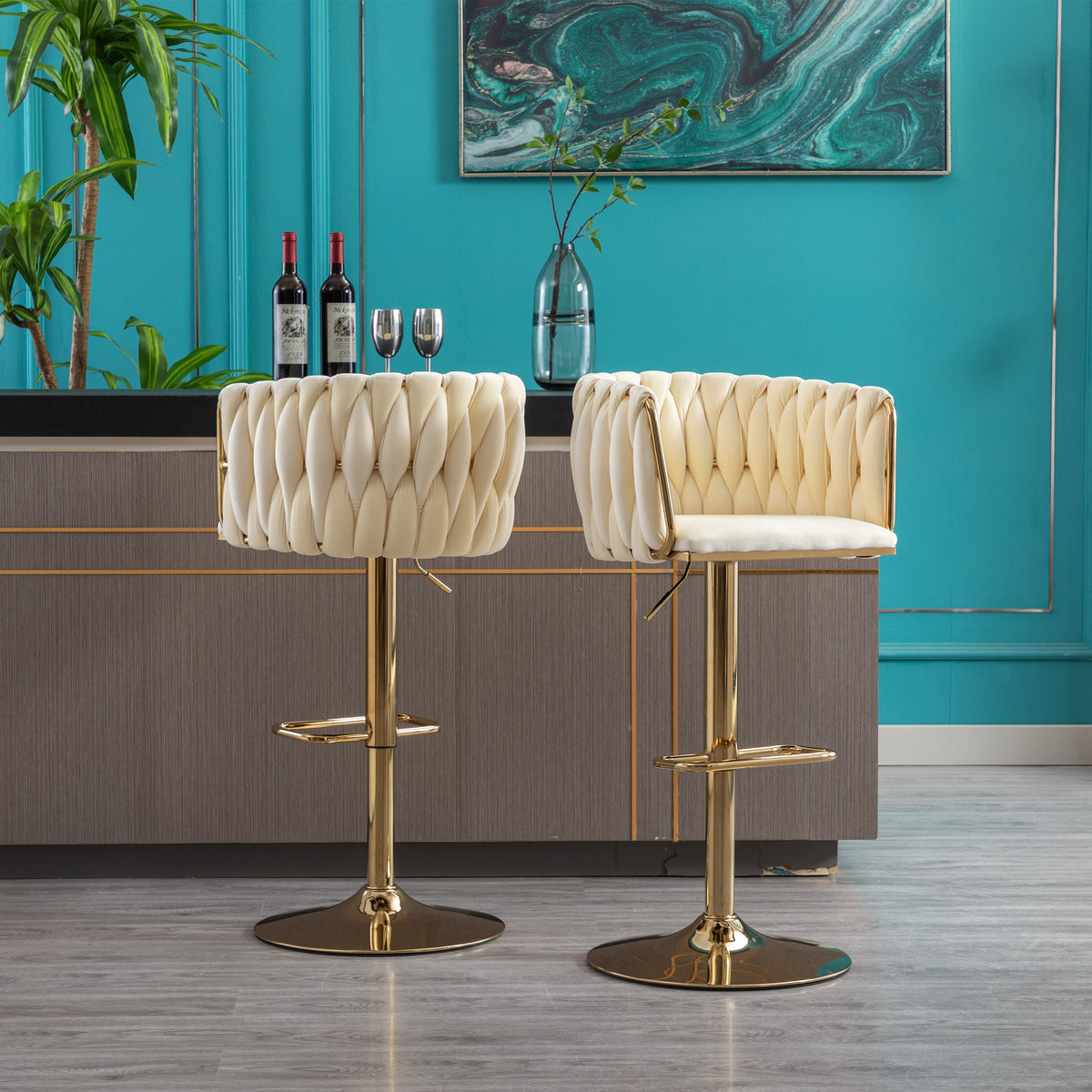 Modern Ivory Velvet Adjustable Height Bar Stool Set of 2