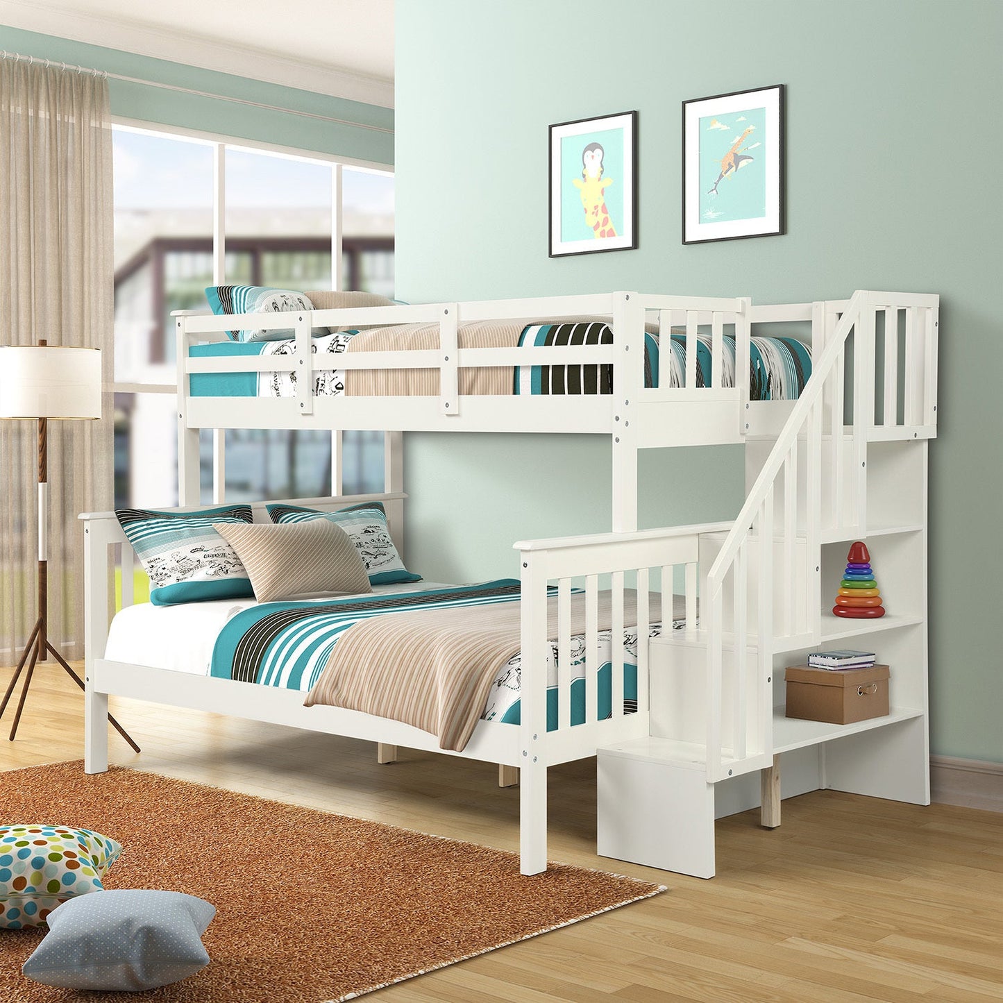 Twin-Over-Full Bunk Bed with Storage Stairway in White
