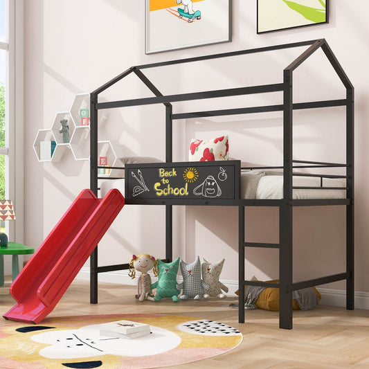 Metal House Bed With Slide, Twin Size Metal Loft Bed with Two-sided writable Wooden Board Black and Red