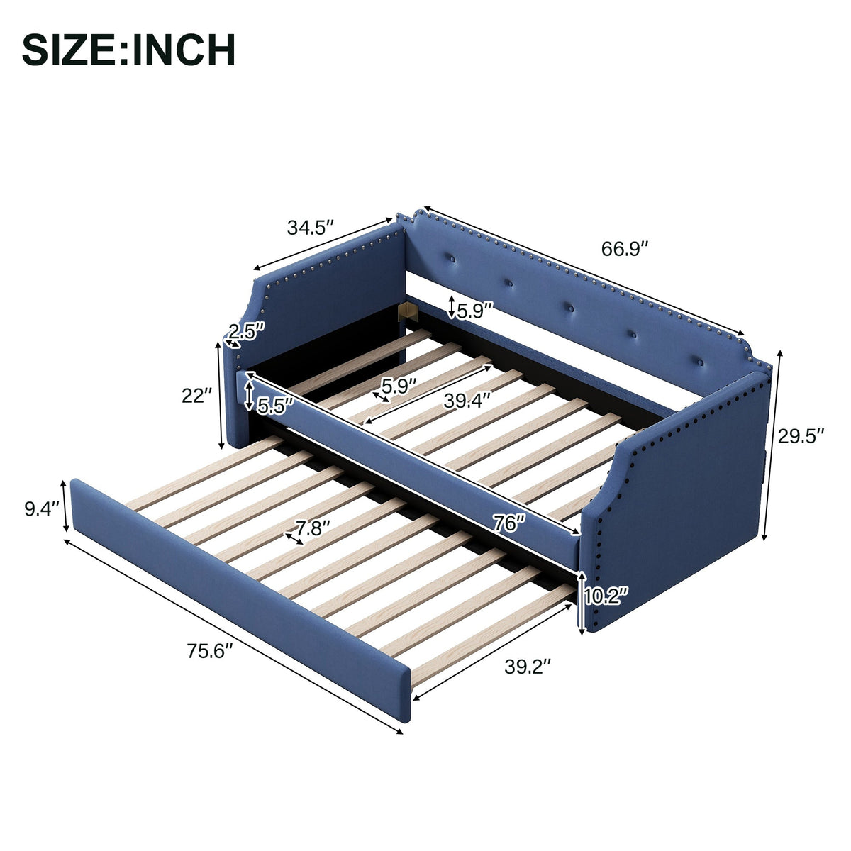 Contemporary Twin Size Blue Linen Daybed & Trundle