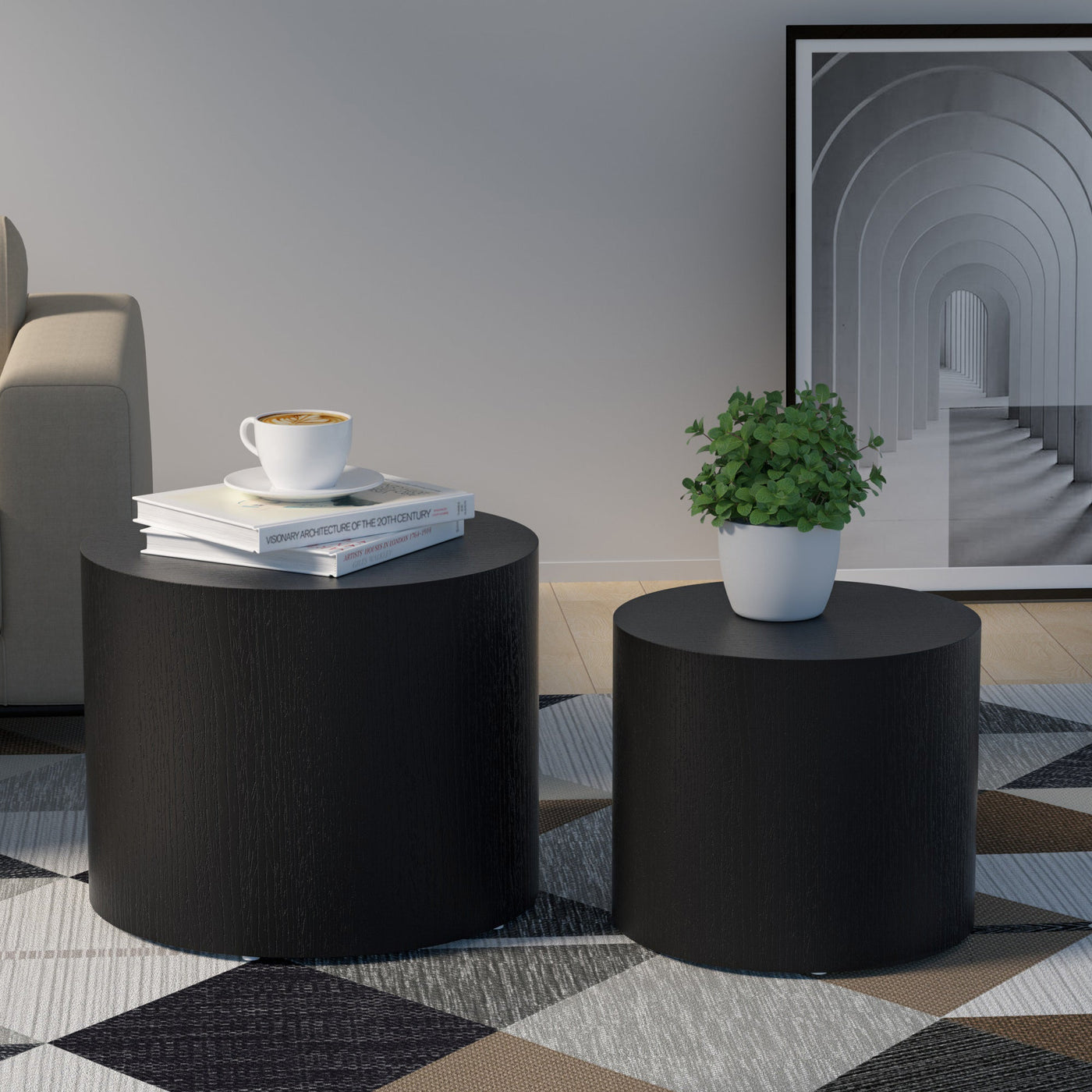 Modern 2 Piece Accent Table Set in Black