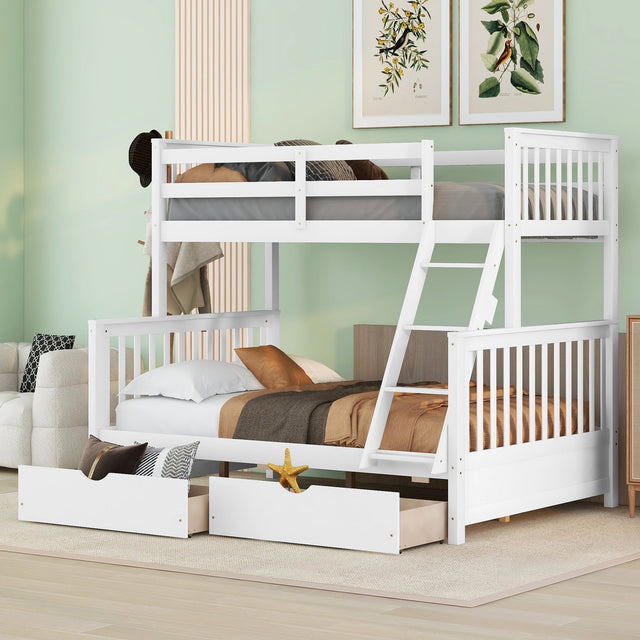 Twin-Over-Full Bunk Bed with Ladders and Two Storage Drawers White