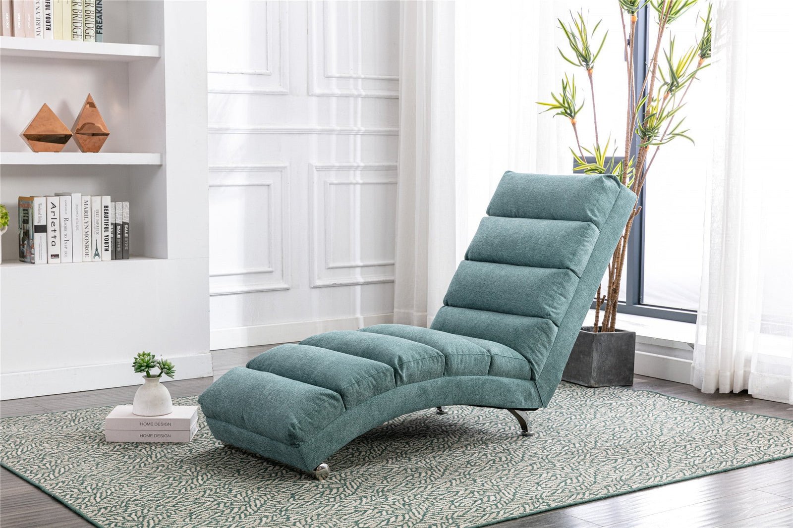 Modern Linen Chaise Lounge with Massage Function & Remote in Teal
