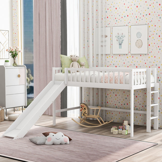 Twin Size Low Loft Bed with Ladder and Slide in White