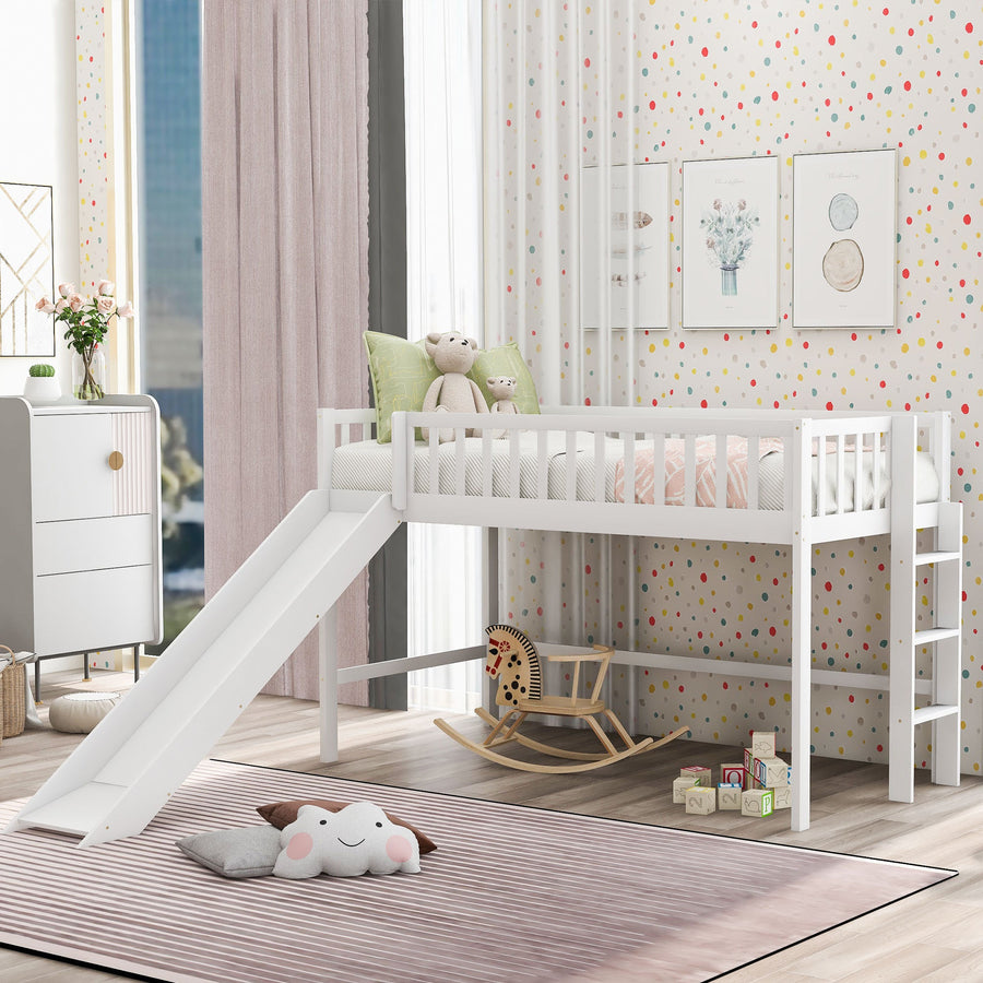Twin Size Low Loft Bed with Ladder and Slide in White
