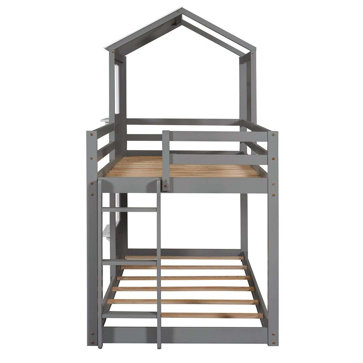 Twin Over Twin Bunk Bed Wood Bed with Roof, Window, Guardrail, Ladder Gray & White
