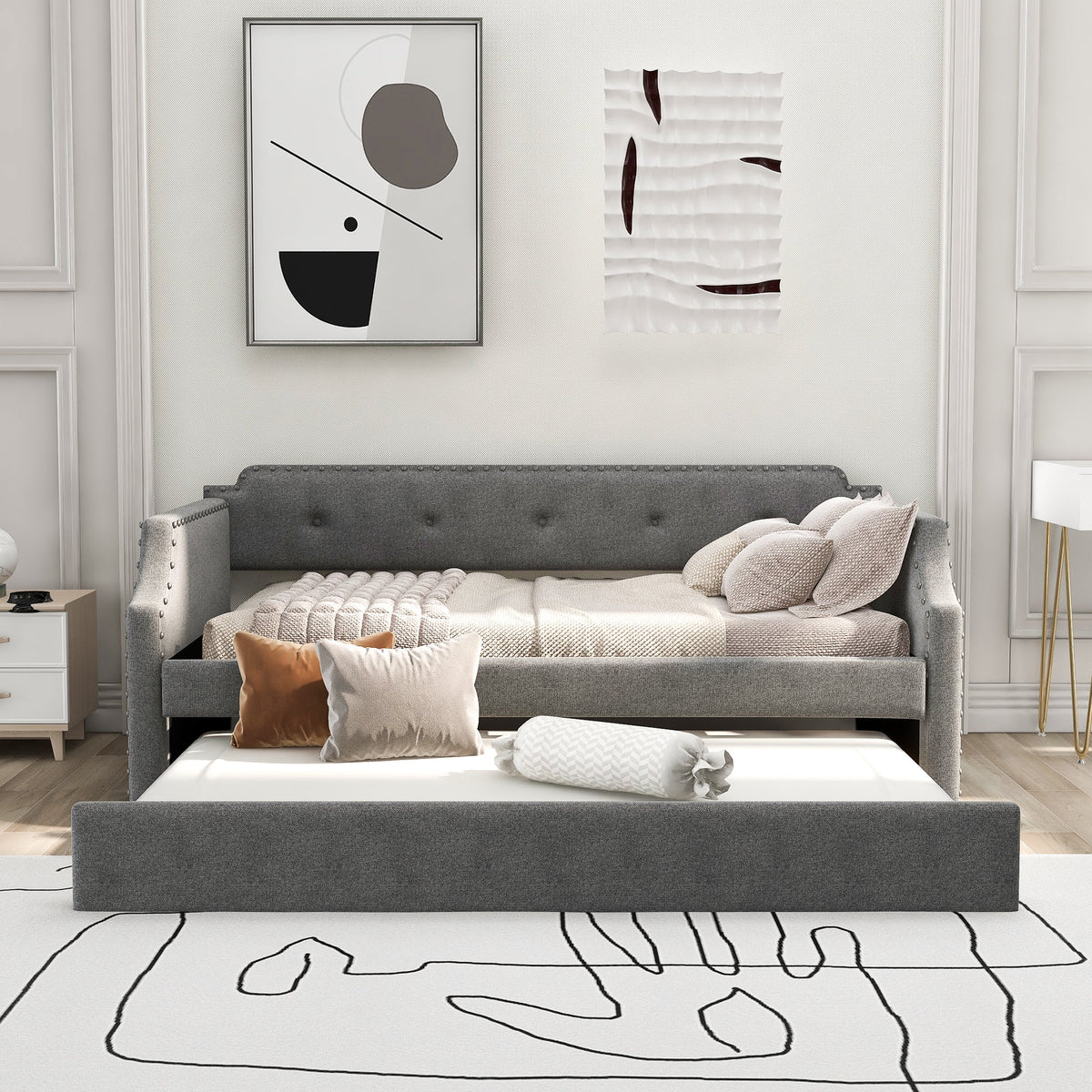 Gray Linen Twin Daybed & Trundle with Nailhead Trim