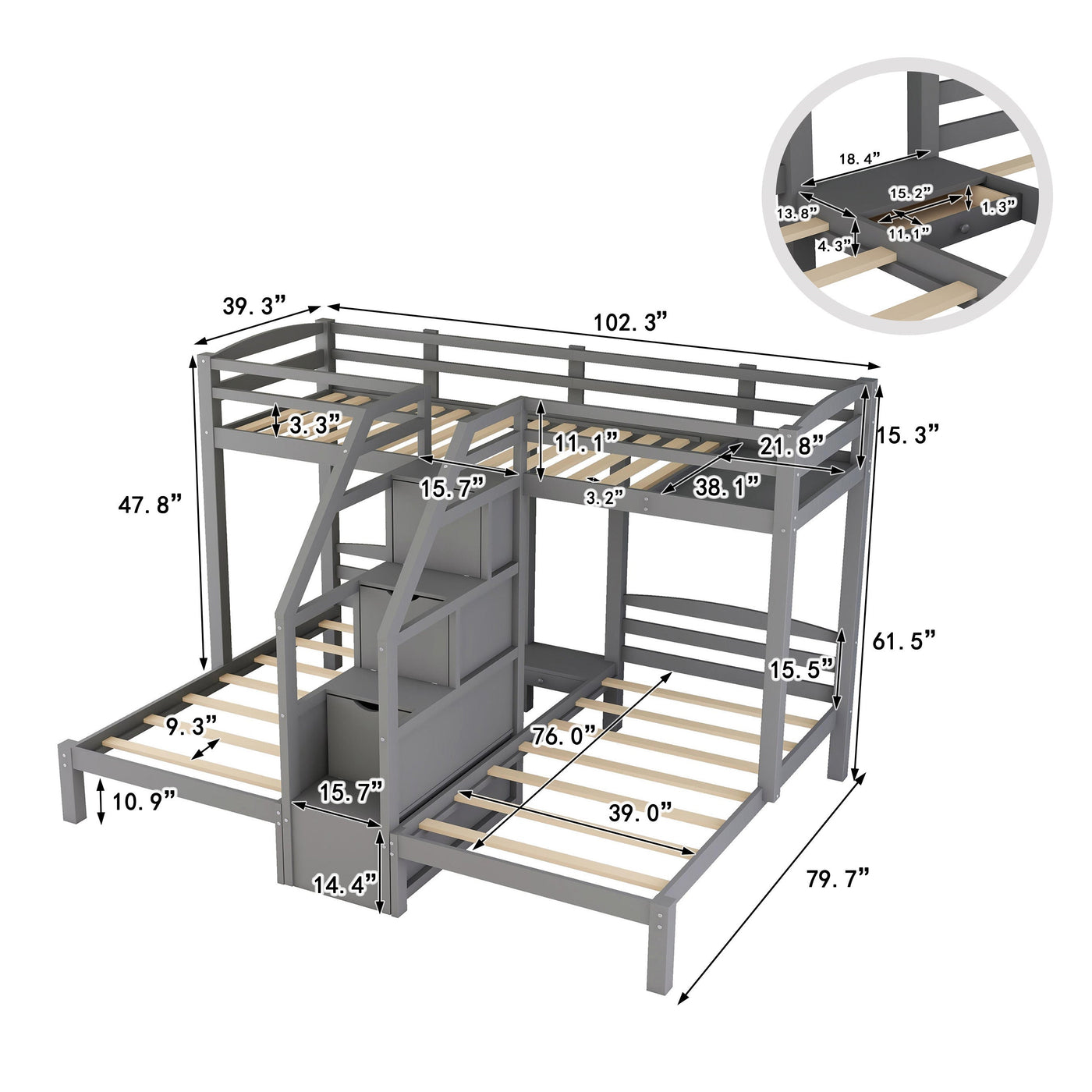 Twin over Twin & Twin Bunk Bed with Built-in Staircase and Storage in Gray