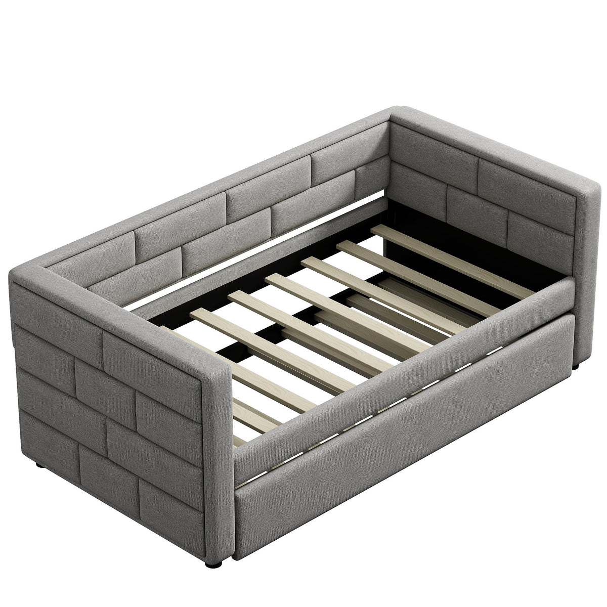 Twin Size Daybed with Trundle in Cube Tufted Gray Upholstery