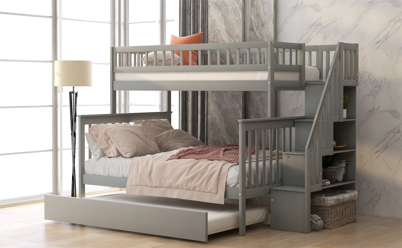 Twin over Full Bunk Bed with Trundle and Staircase - Gray