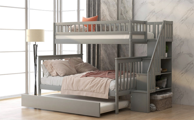 Twin over Full Bunk Bed with Trundle and Staircase - Gray