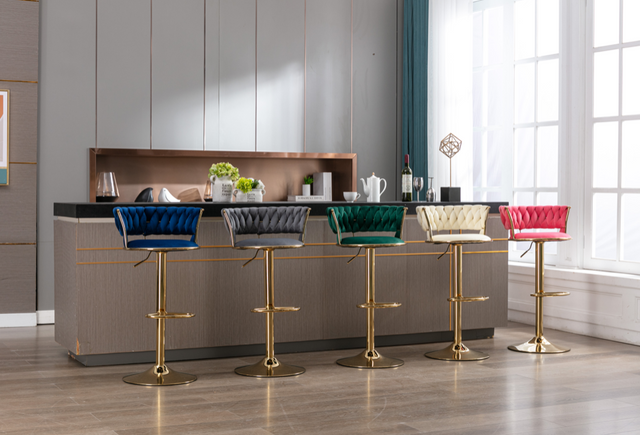 Modern Adjustable Height Velvet Bar Stools with Gold Base Set of 2