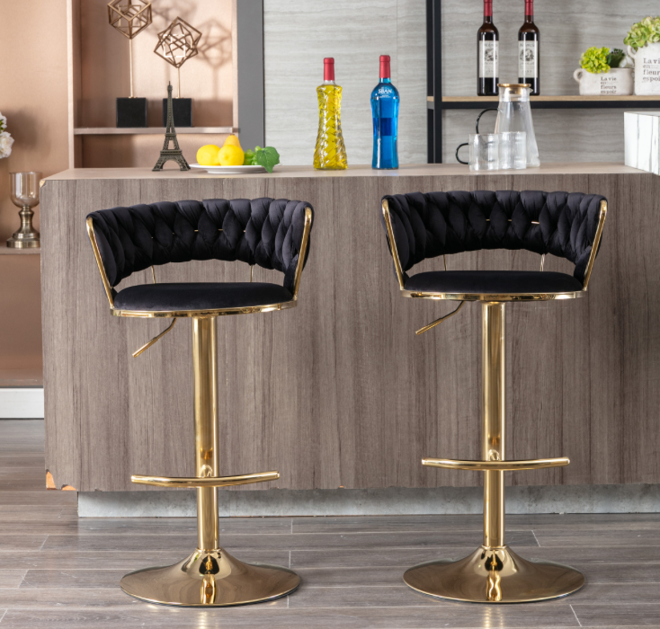Modern Adjustable Height Velvet Bar Stools with Gold Base Set of 2