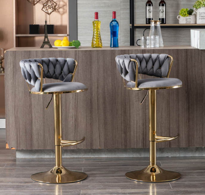Modern Adjustable Height Velvet Bar Stools with Gold Base Set of 2