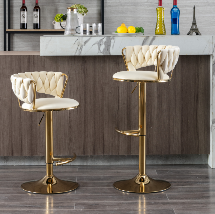 Modern Adjustable Height Velvet Bar Stools with Gold Base Set of 2