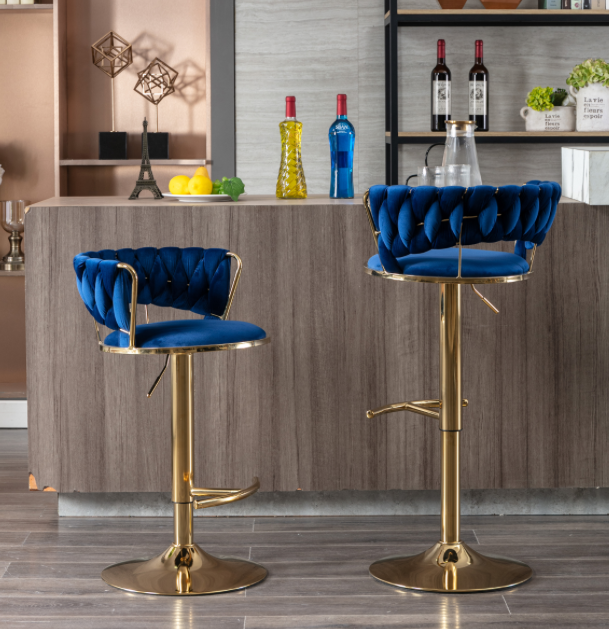 Modern Adjustable Height Velvet Bar Stools with Gold Base Set of 2