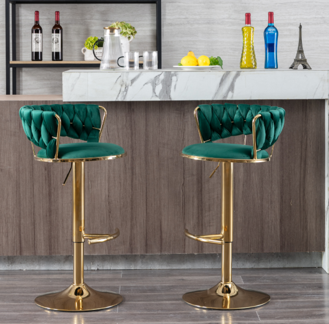 Modern Adjustable Height Velvet Bar Stools with Gold Base Set of 2
