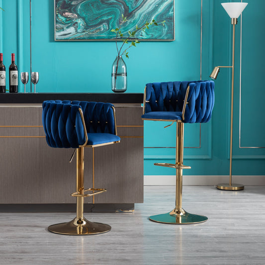 Modern Navy Velvet Adjustable Height Bar Stool Set of 2